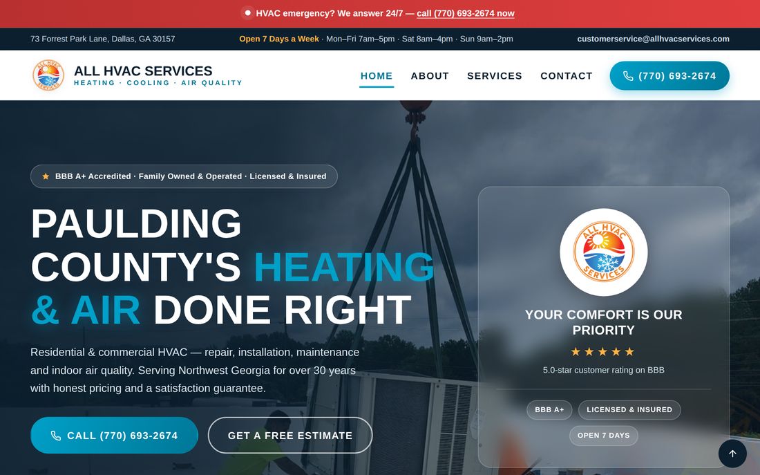 Website built for a heating and air conditioning company — dark photo hero with emergency call bar and estimate buttons