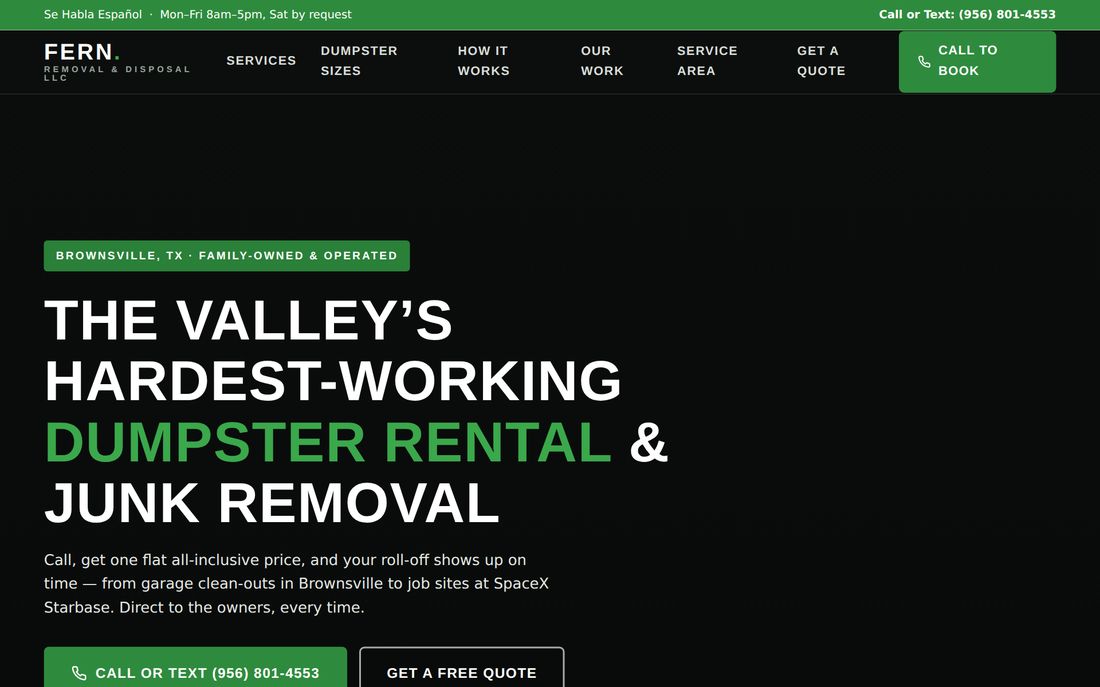 Website built for a dumpster rental and junk removal company — deep green hero with call-to-book bar