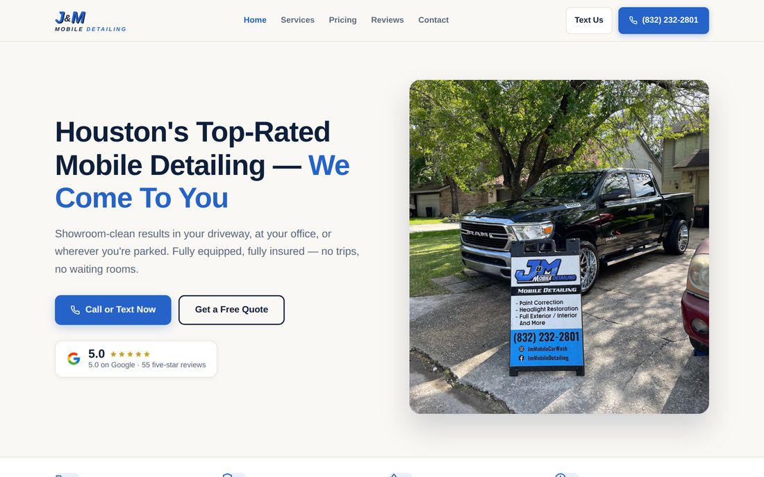 Website built for a mobile car detailing business — clean white layout with five-star Google rating and booking buttons