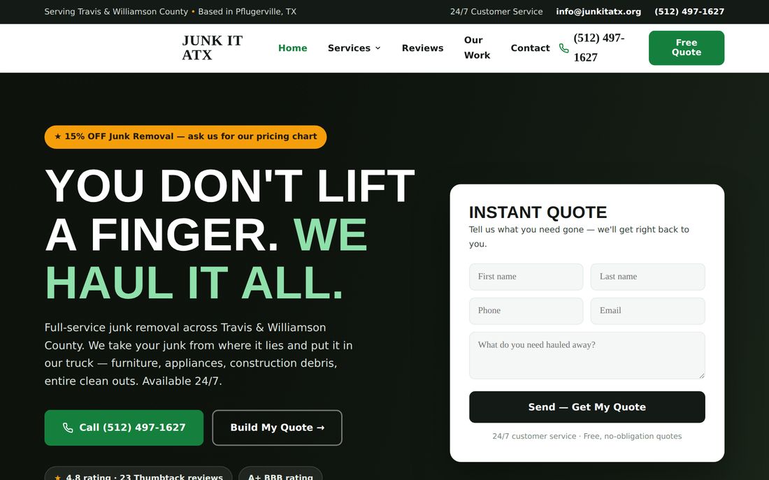 Website built for a junk removal company — bold dark hero with instant quote form