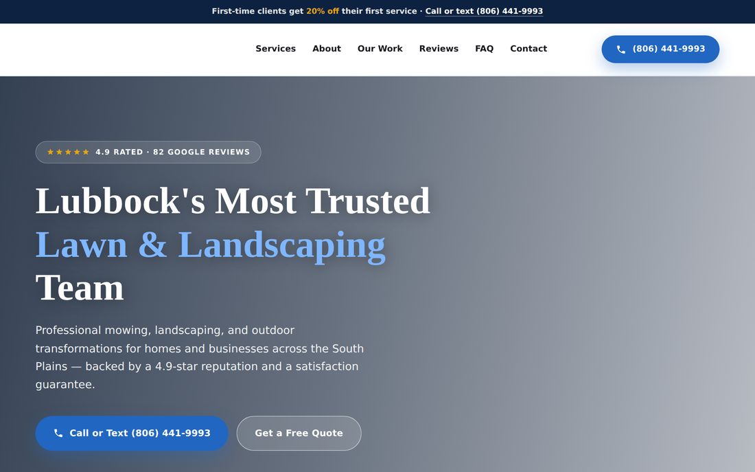 Website built for a lawn and landscaping team — serif headline hero with review badge and offer bar