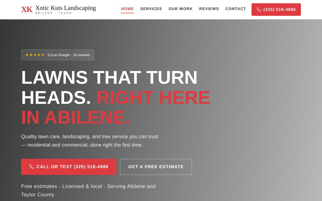 Website built for a landscaping and tree service company — bold typographic hero with red accents